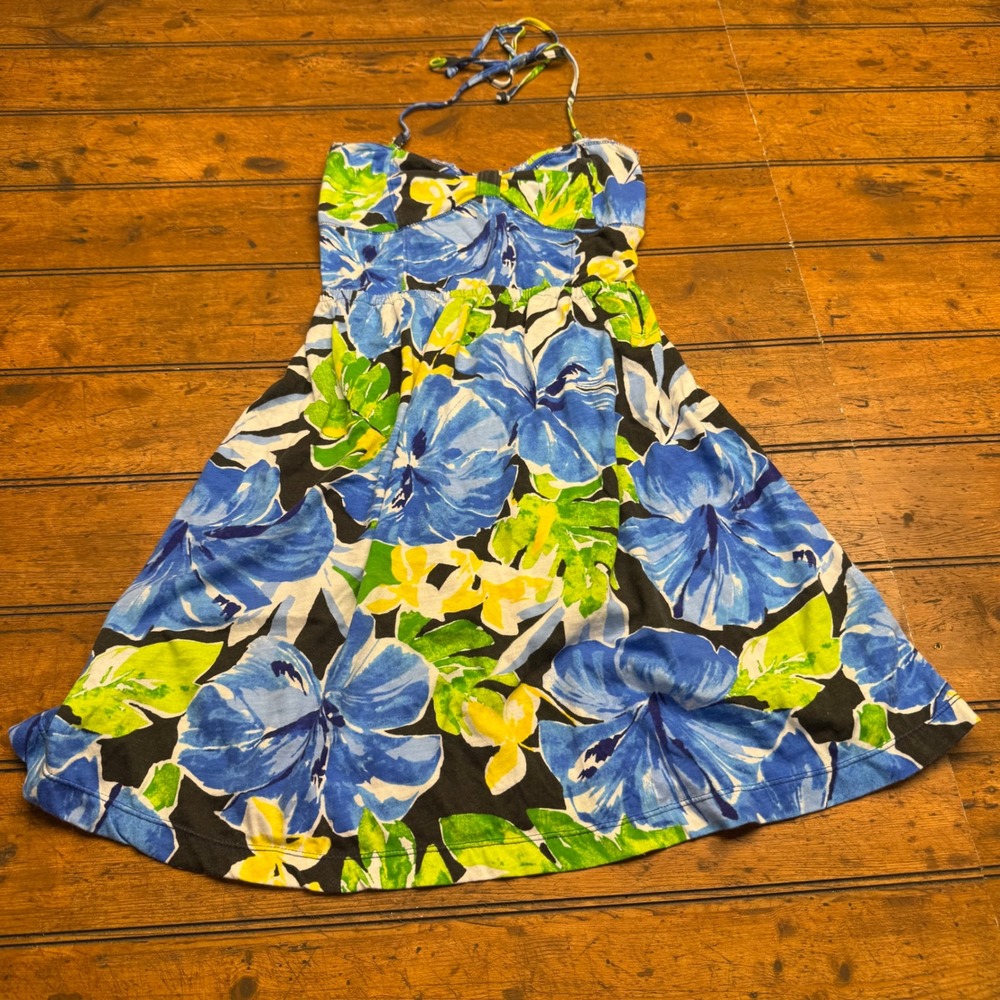 Aeropostale Halter Neck Dress Floral Print Blue Green Y2K Women's grail Small